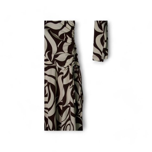 Abstract Rose Printed Faux Wrap Ruched Dress with 3/4 Length Sleeves - Picture 2 of 5